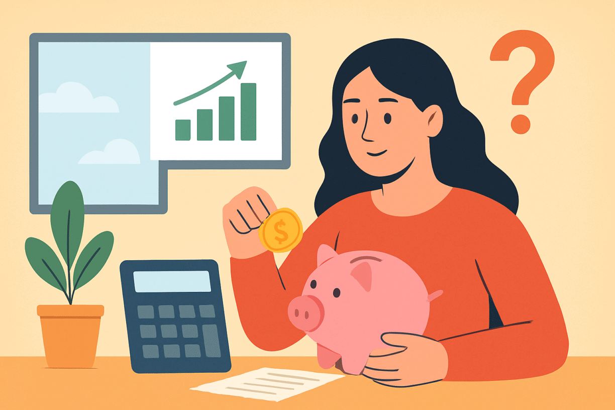 Illustration of a woman placing a coin into a piggy bank at a desk, with a calculator, plant, and a rising bar chart in the background, symbolising beginner financial planning.