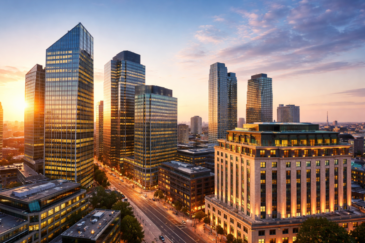 Modern UK city skyline featuring contemporary office buildings and a luxury hotel at sunrise, representing commercial property investment opportunities