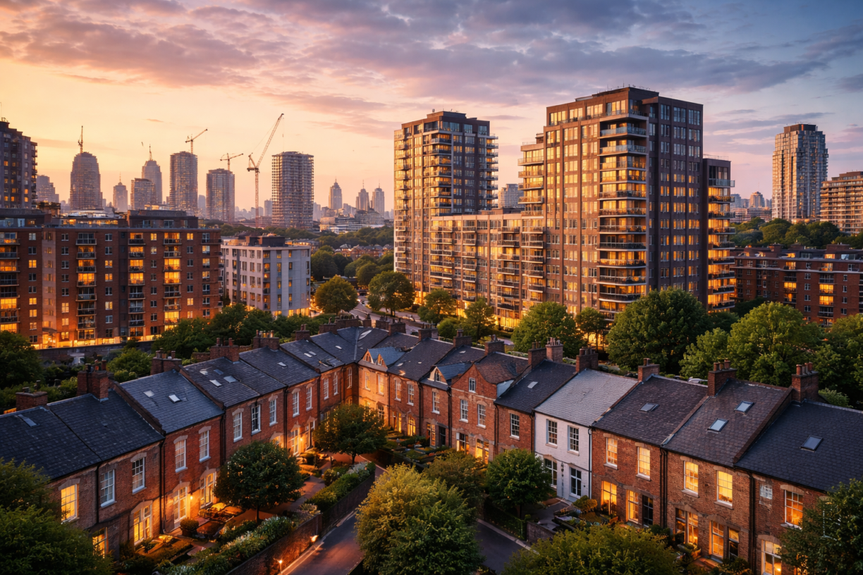 A UK cityscape at golden hour featuring a mix of modern apartment buildings and traditional terraced homes, with construction cranes and warm interior lights.