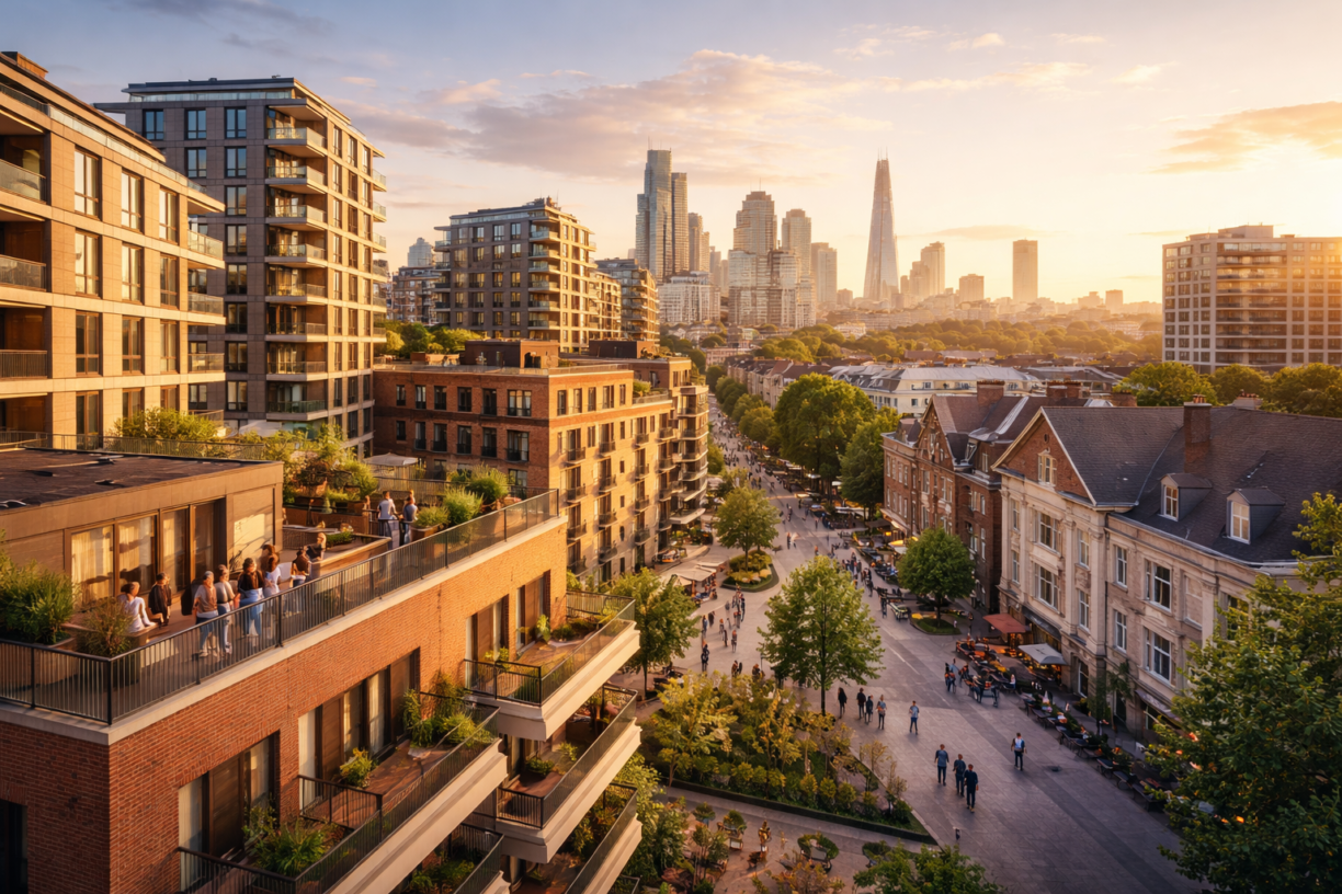 Modern UK city neighbourhood at golden hour featuring contemporary apartment buildings, traditional housing, and active pedestrian streets.