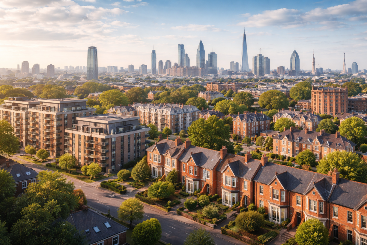 Panoramic view of UK residential property showing modern new build apartments alongside traditional red-brick houses with a city skyline in the background.