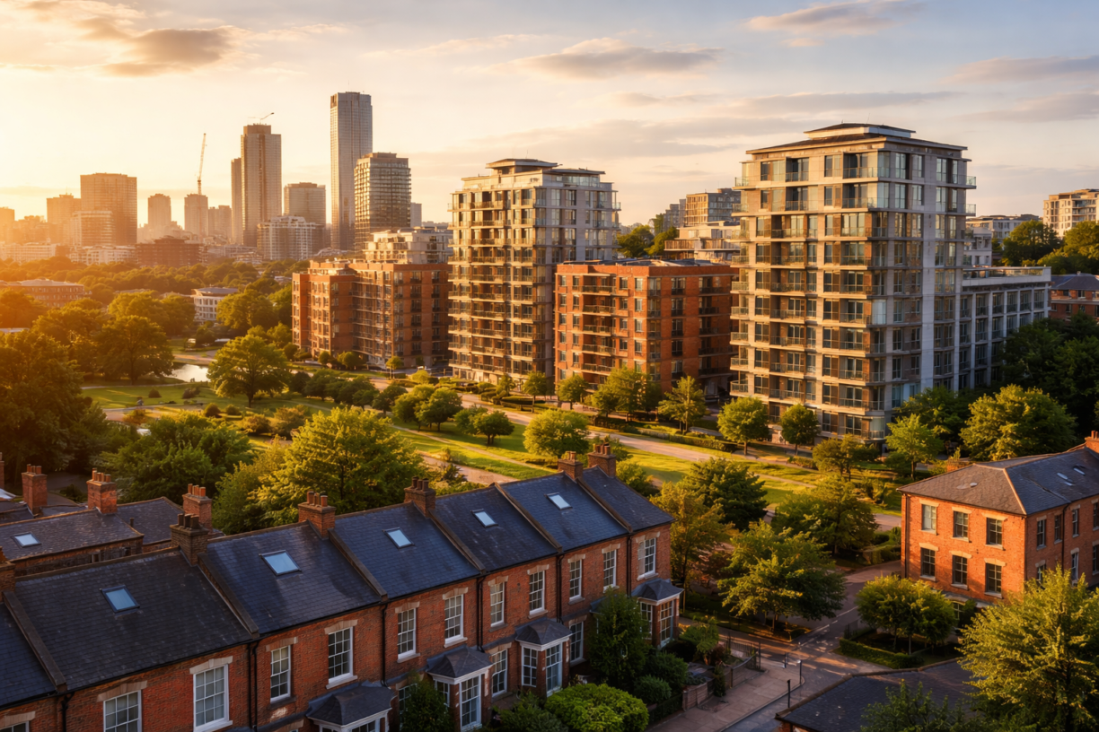 UK cityscape showing modern apartment buildings alongside traditional brick terraced houses with green parkland during golden hour.