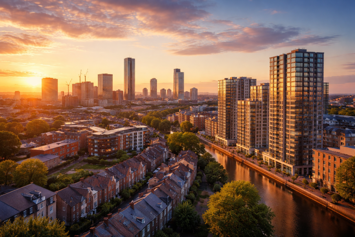 UK city skyline at sunset showing modern apartment towers alongside traditional residential housing and a canal.