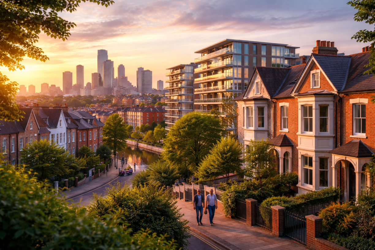 Vibrant UK neighborhood at sunset showing modern apartments alongside classic Victorian houses, with a couple walking along a tree-lined street and a canal, illustrating both new build and resale property opportunities.