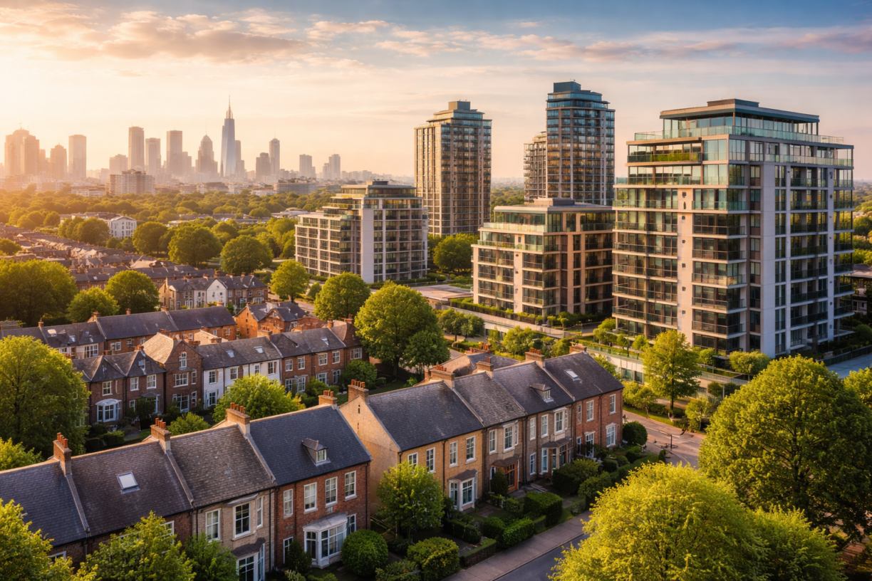 A UK cityscape at sunset showing a mix of Victorian terraced houses in the foreground and modern apartment towers behind, with greenery and distant skyline landmarks.