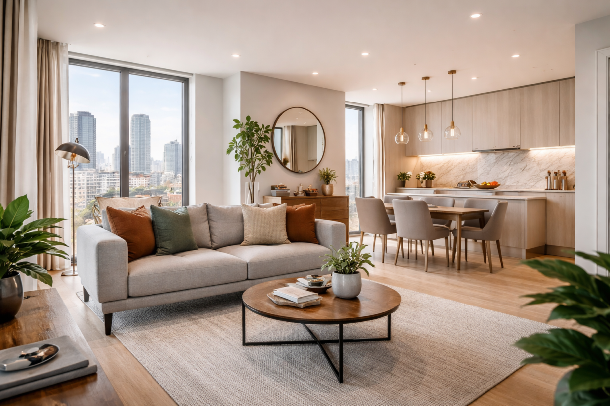 Modern furnished UK apartment interior with open-plan living, dining and kitchen area, designed to maximise rental appeal and investment value.
