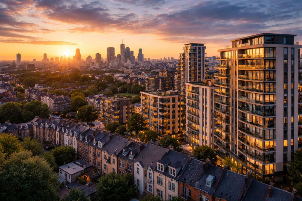 Modern UK city skyline at sunset showing contemporary apartment buildings alongside traditional terraced housing, representing diverse property investment opportunities.