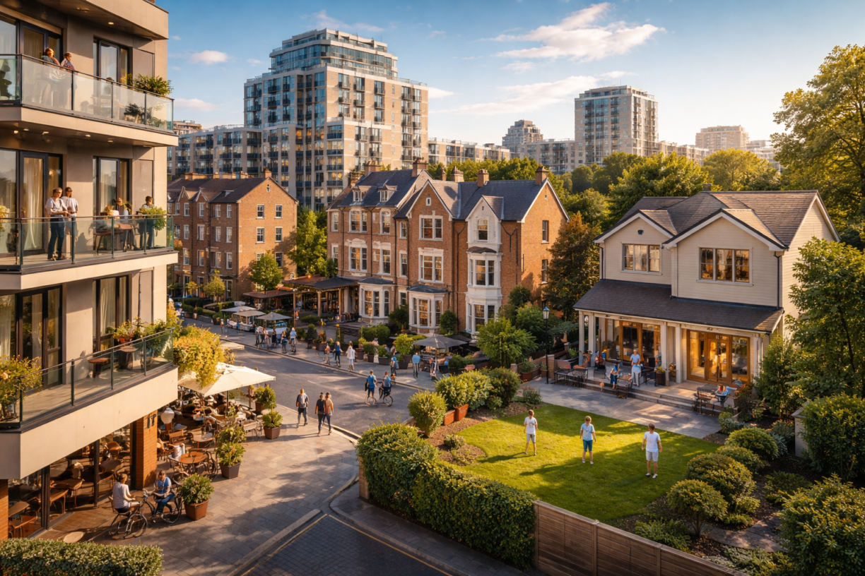 Modern UK neighbourhood showing new build apartments, converted townhouses and family homes, highlighting diverse residential property investment opportunities.