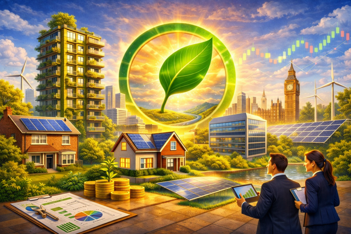Illustration of sustainable UK property investment showing residential and commercial buildings, green energy features, and investors analysing growth trends.