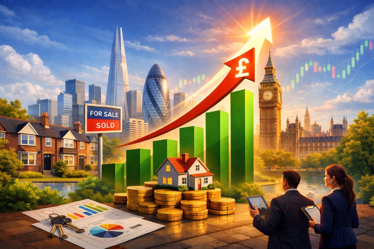 Illustration of UK property investment growth with rising bar chart, London skyline, houses, and investors reviewing data.